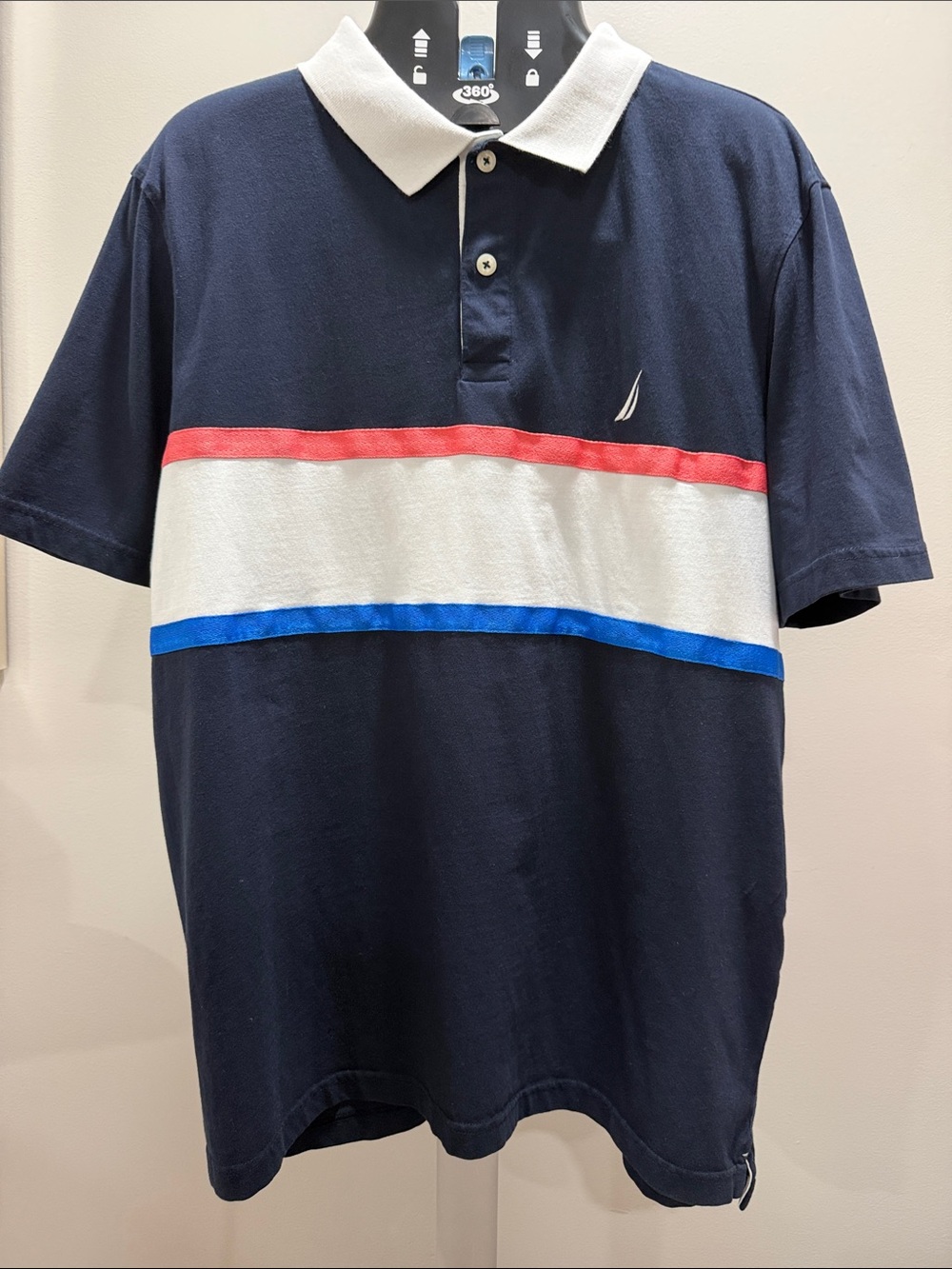 Men Nautica Navy Polo with White Collar and Red, White & Blue Stripes